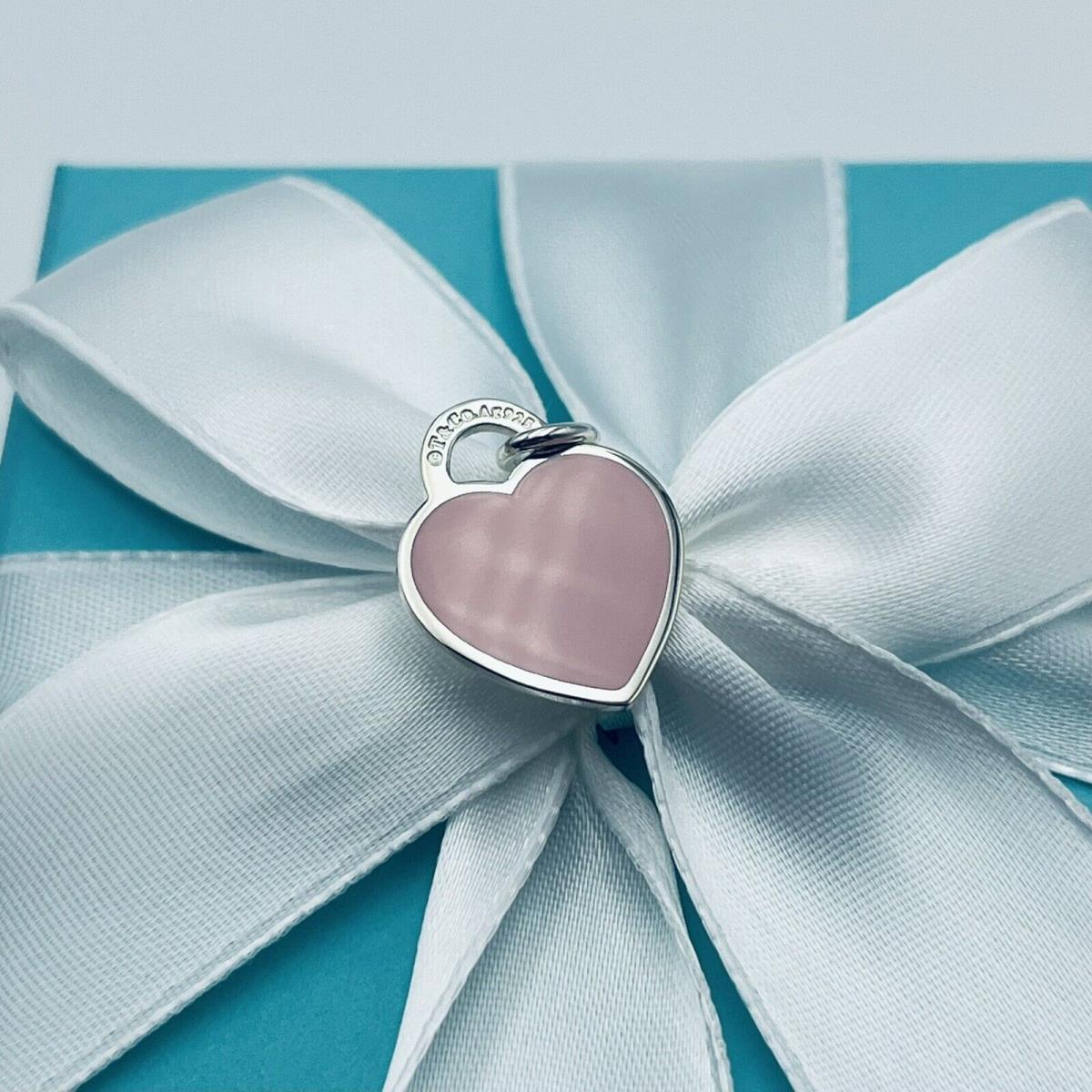 Tiffany Co. Small Pink Enamel 925 Silver Heart Charm Pendant w Packaging