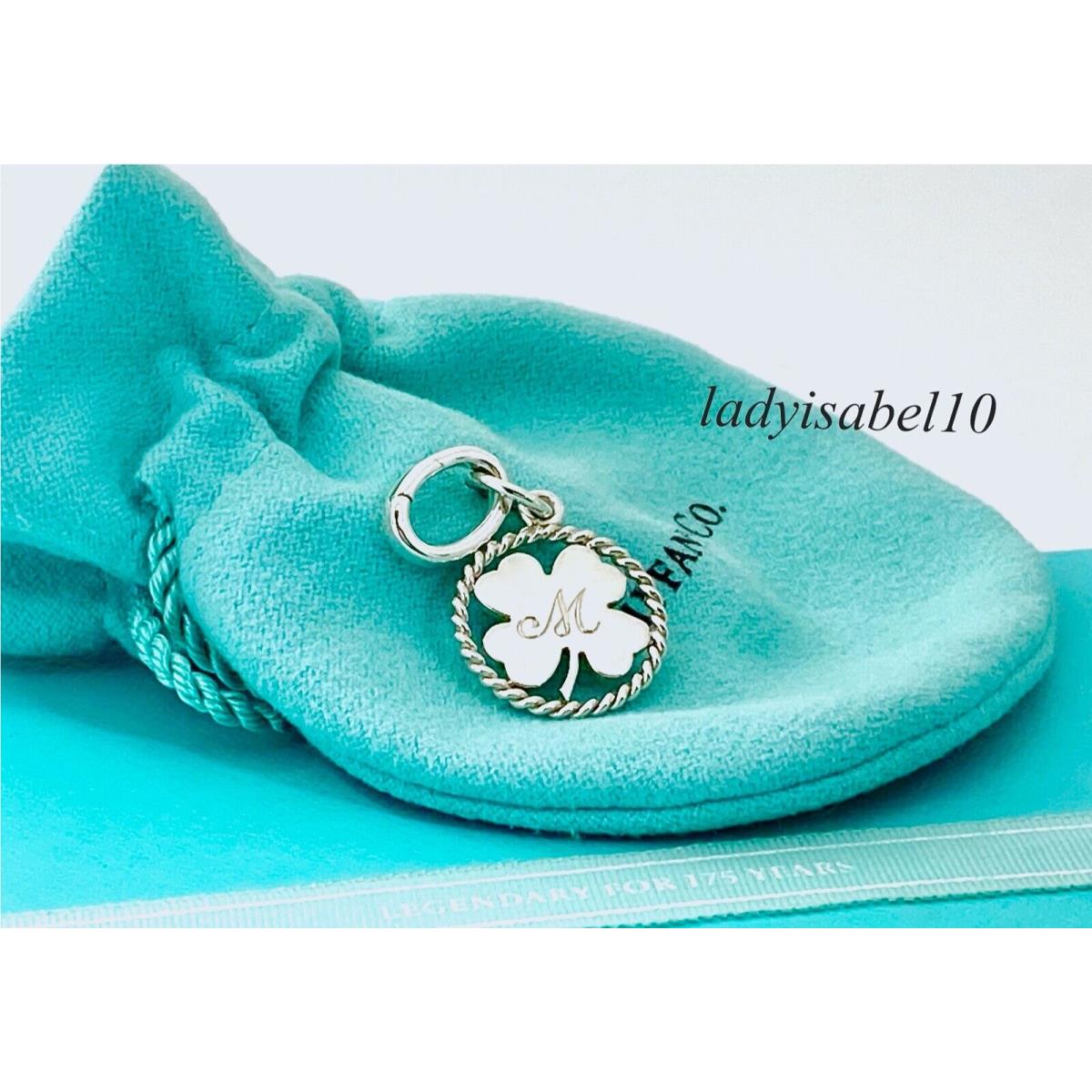 Tiffany Co. Clover Leaf Charm Twist Letter M Initial Oval Clasp Silver w Pouch