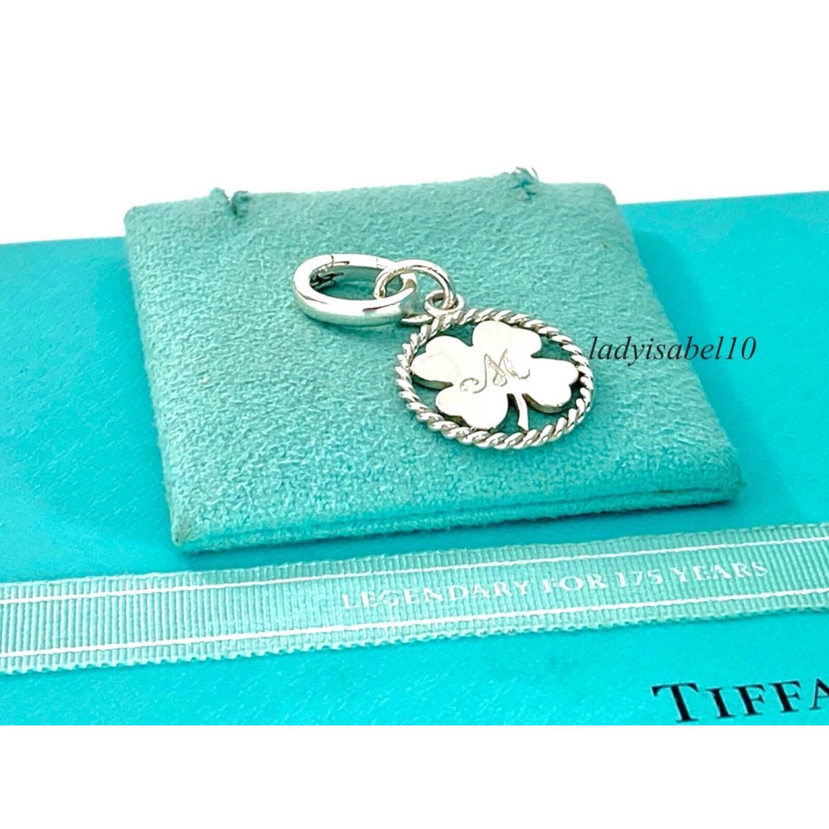 Tiffany Co. Clover Leaf Charm Twist Letter M Initial Oval Clasp Silver w Pouch