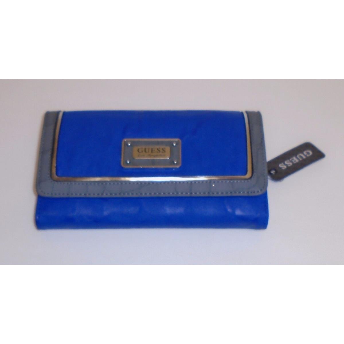 New-guess Alvina Slg Blue Multi Leatherette Tri Fold Clutch Check Book Wallet