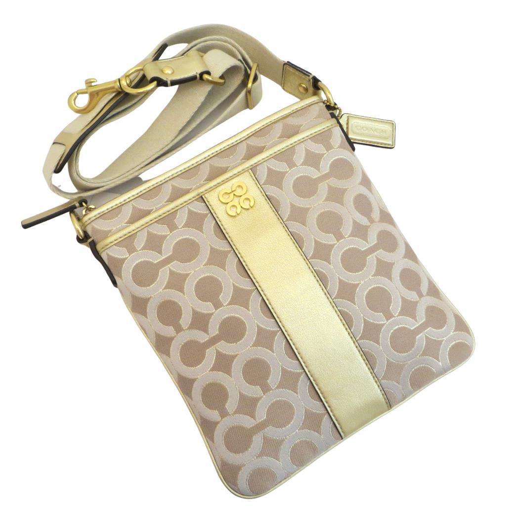 Coach Khaki Gold Signature Leather Crossbody Swingpack Purse Pink Int