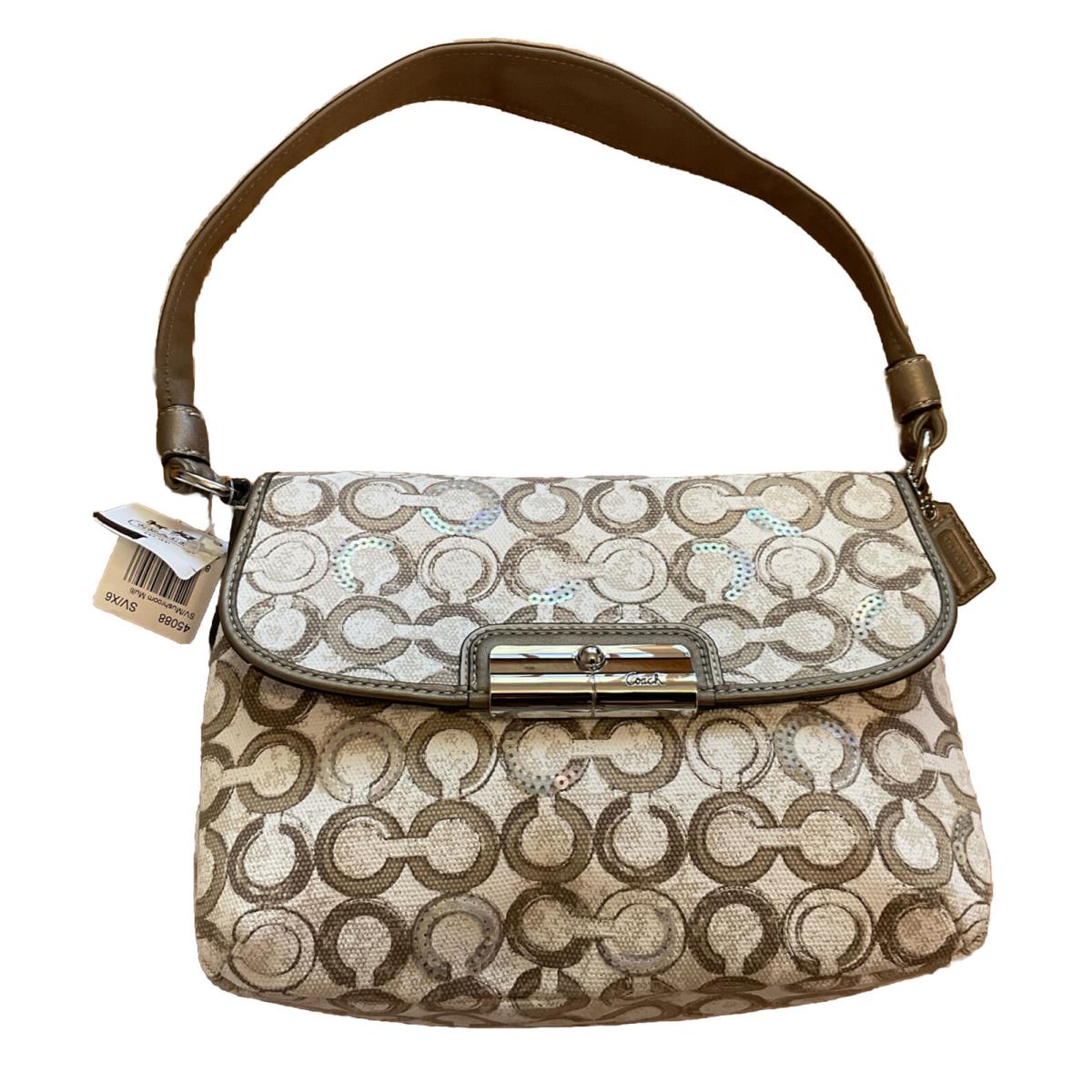 Coach Kristin Op Art Mushroom Taupe Signature Sequin Pouch Hobo Handbag 45088