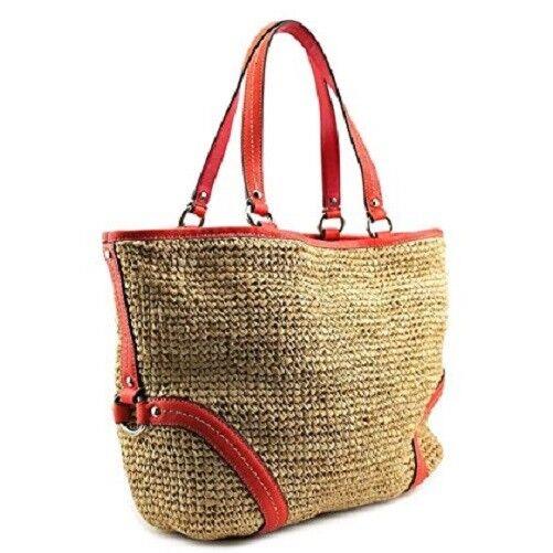 Coach Women`s Straw Pocket Tote Bag 22904 Natural Tangerine Orange