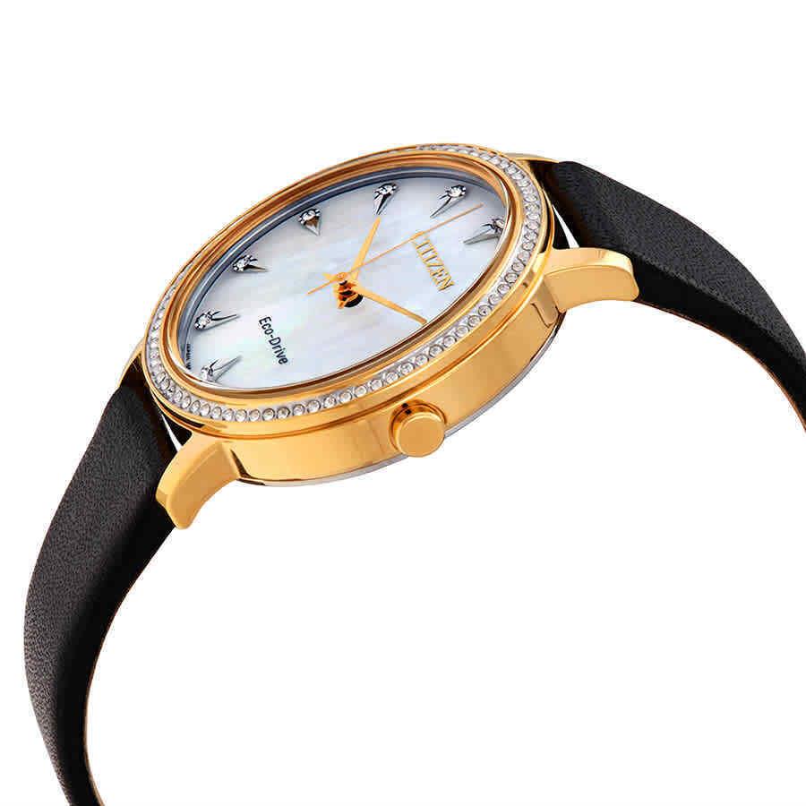 Citizen Silhouette Crystal Mop Dial Ladies Watch FE7042-07D - Dial: Silver, White, Band: Black, Bezel: Gold
