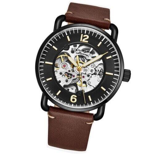 Stuhrling 3972 3 Mantra Automatic Brown Leather Skeleton Dress Mens Watch