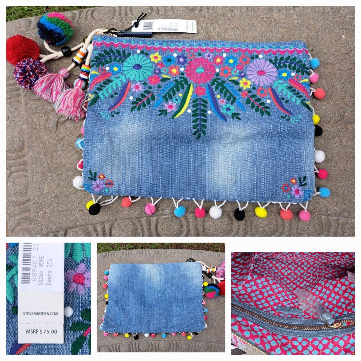 Steve Madden Denim Clutch Cosmetic Bag - Embroidery Flowers