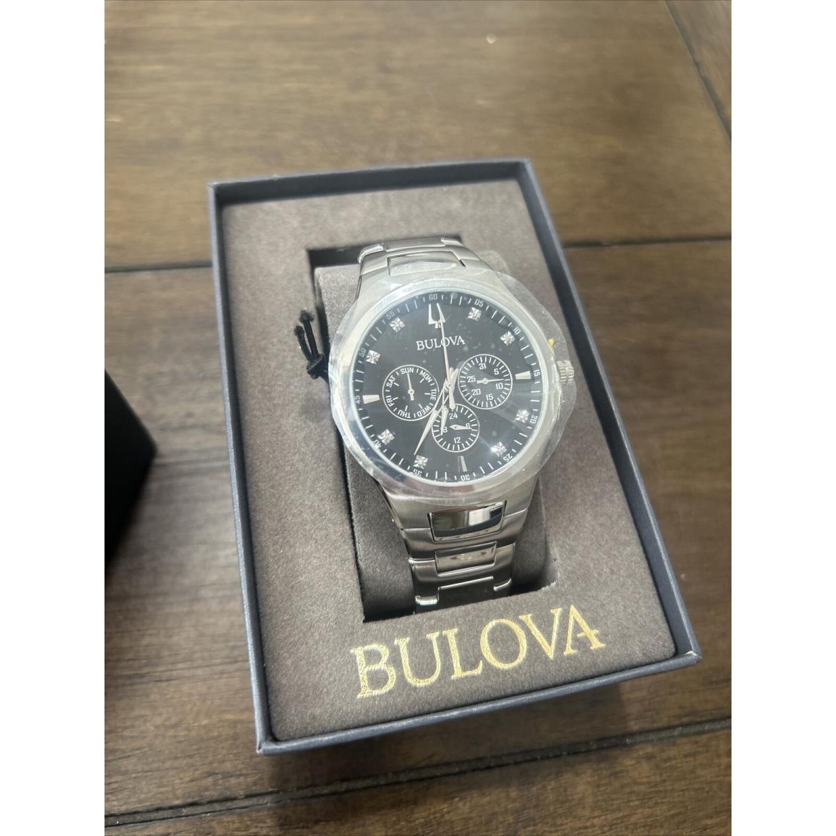 Bulova Diamond Detail Chronograph Men`s Watch Stainless Steel Black Dial 96D143