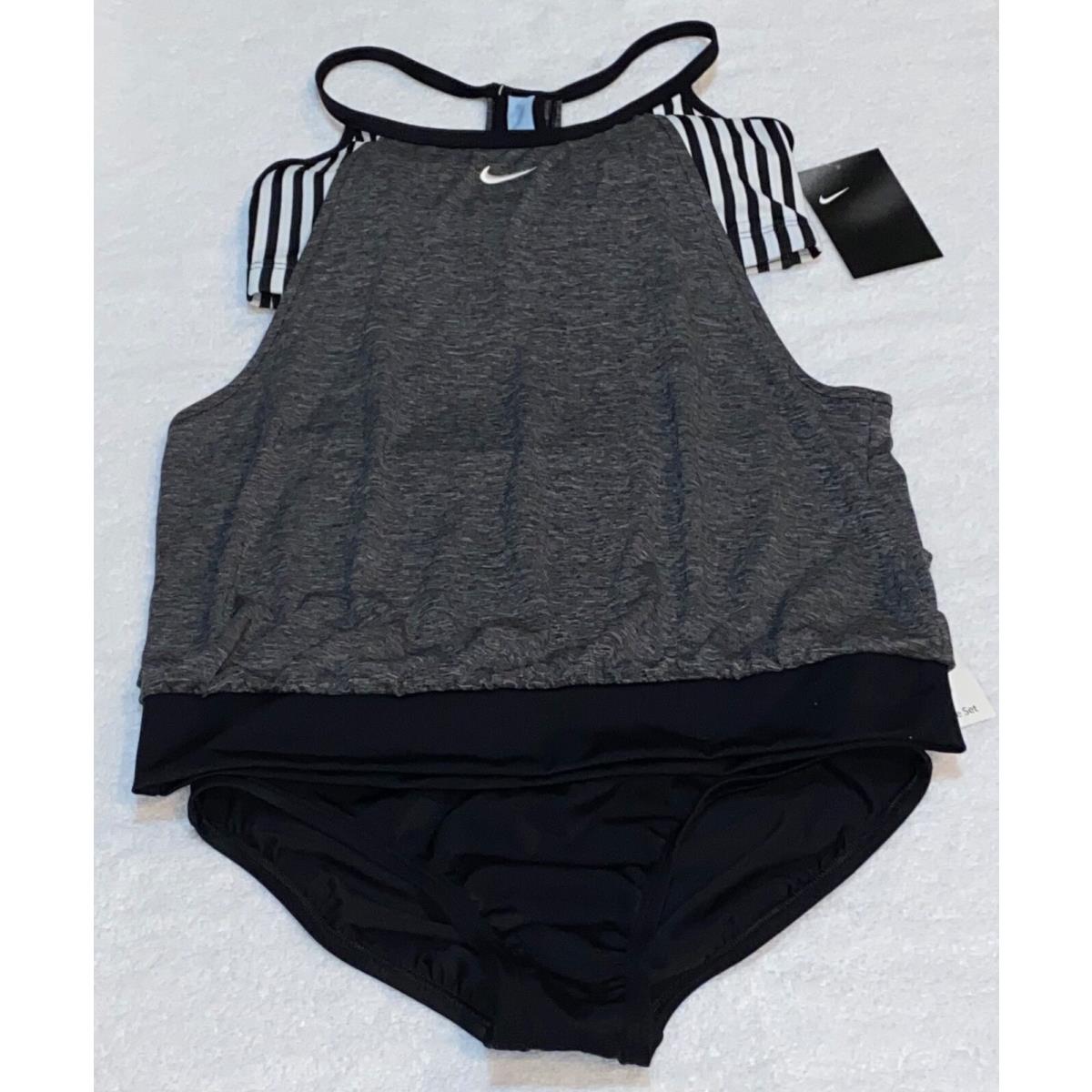 Nike Layered Heather Tankini Top Solid Black Bikini Bottom Swim Suit Women S