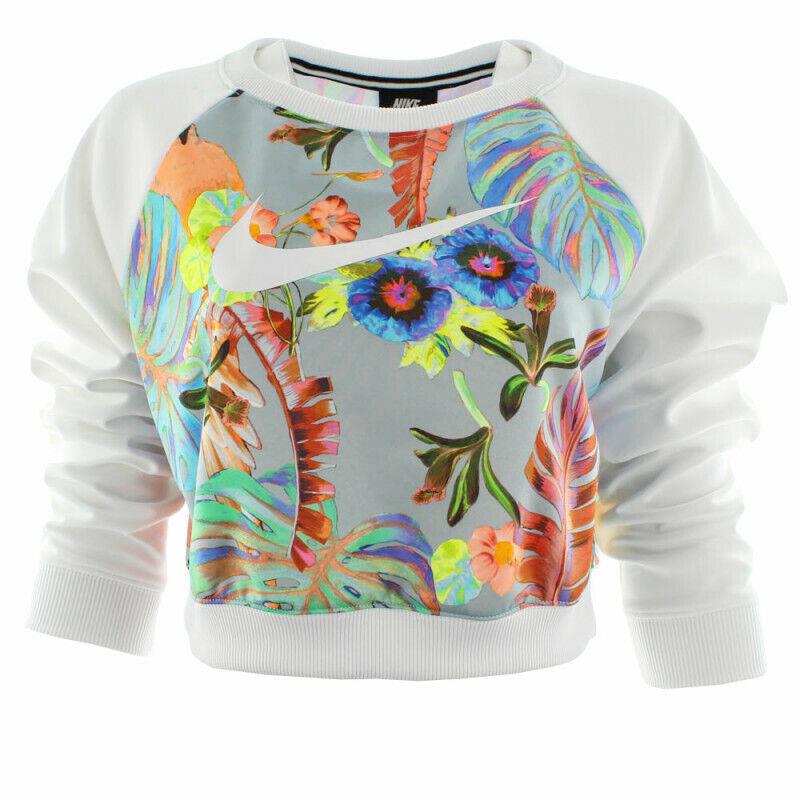 Nike Sportswear Crew Women`s White Floral Crop Aq9722 Reglan Long Sleeves - White