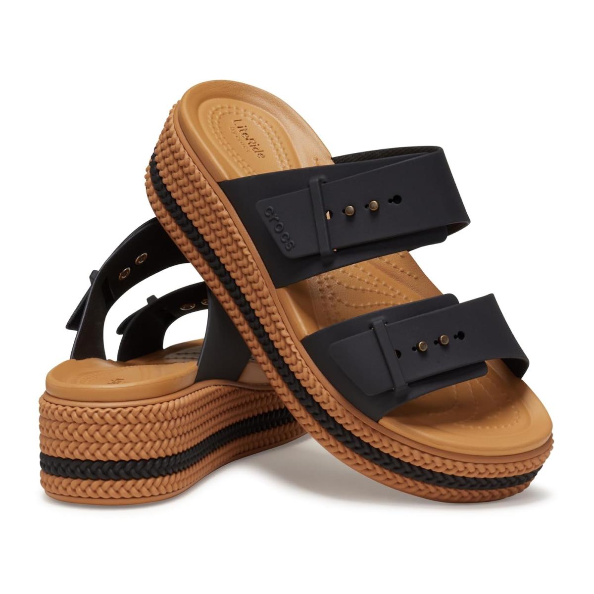 Woman`s Sandals Crocs Brooklyn Buckle Low Wedge Black