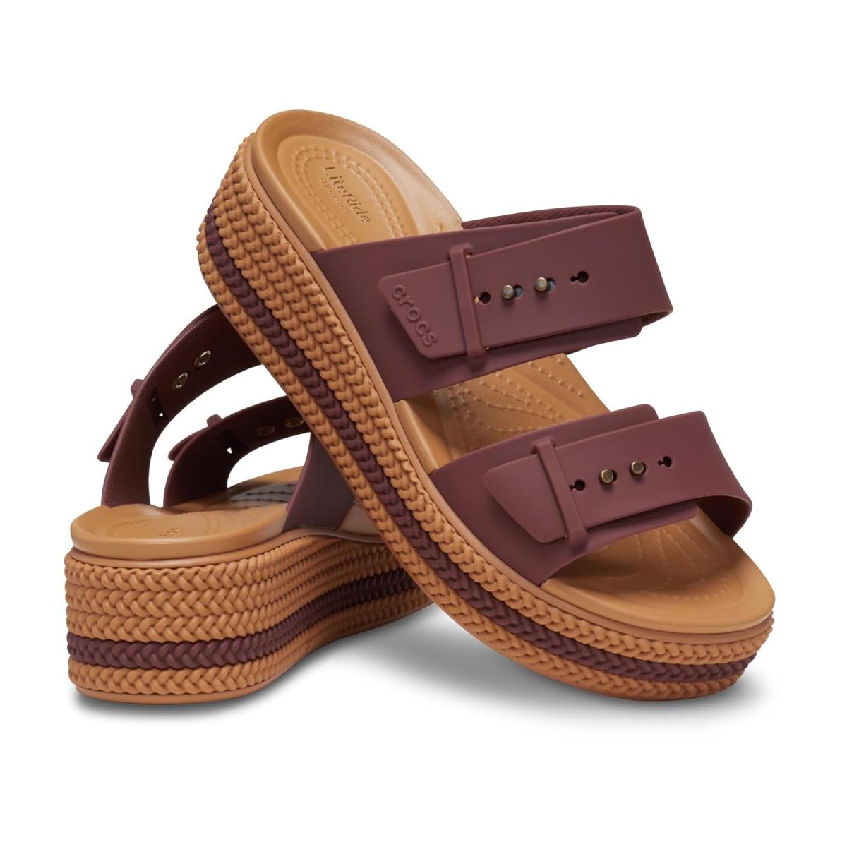 Woman`s Sandals Crocs Brooklyn Buckle Low Wedge Dark Clay