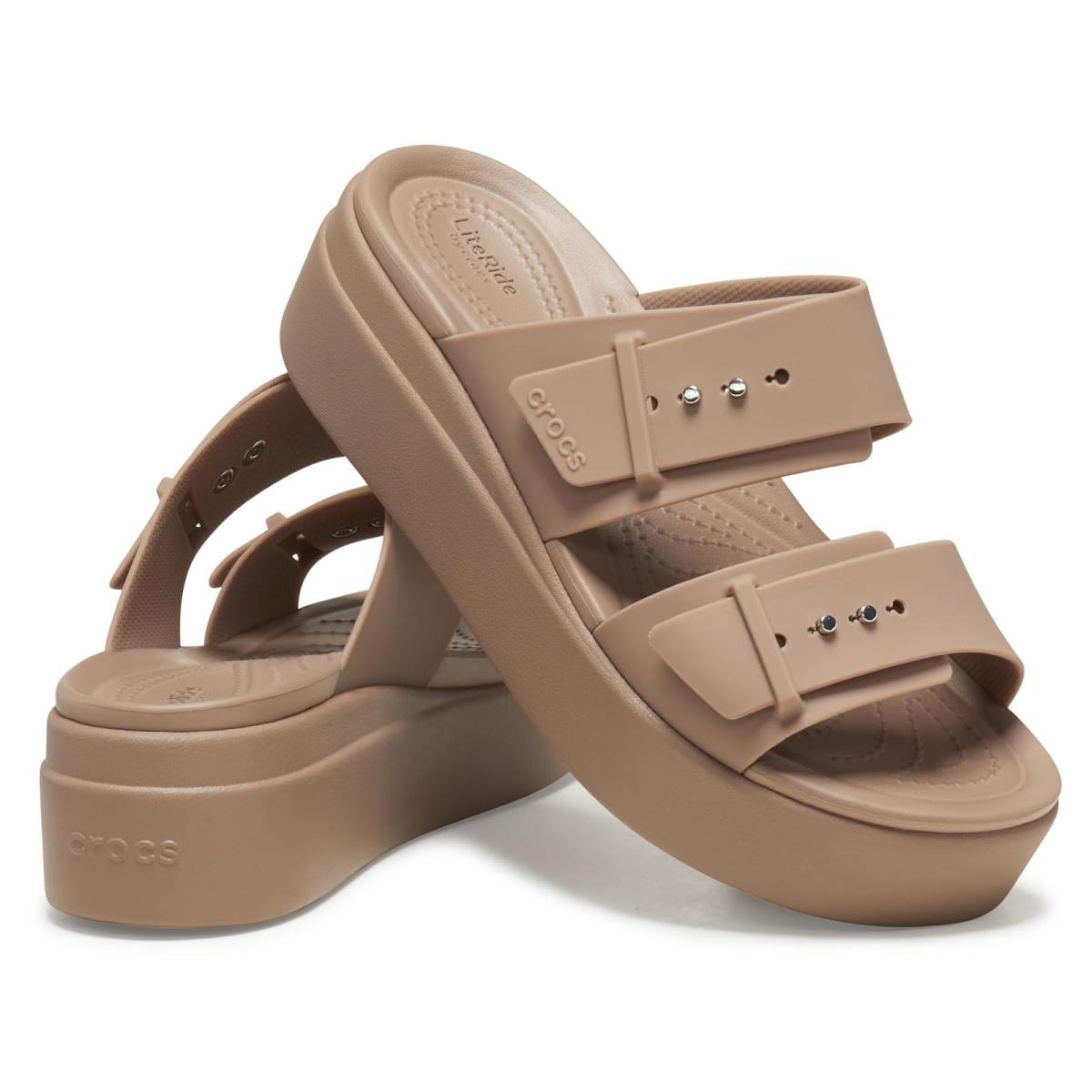 Woman`s Sandals Crocs Brooklyn Buckle Low Wedge Latte