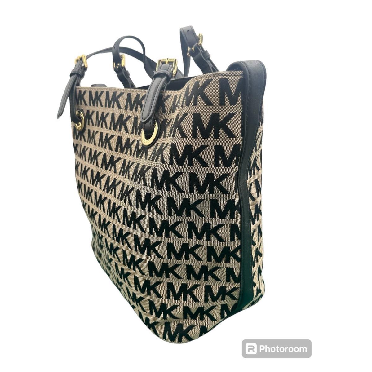 Michael Kors Jet Set Signature Bag Tote Tan/black Jacquard Leather