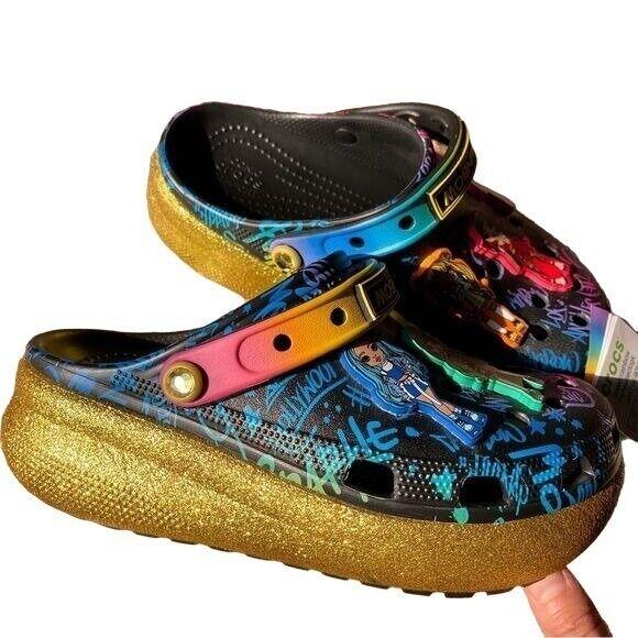 Crocs Rainbow High Clogs Gold Glitter Black Sparkle Shoes Kid Sz J6 Womens 8