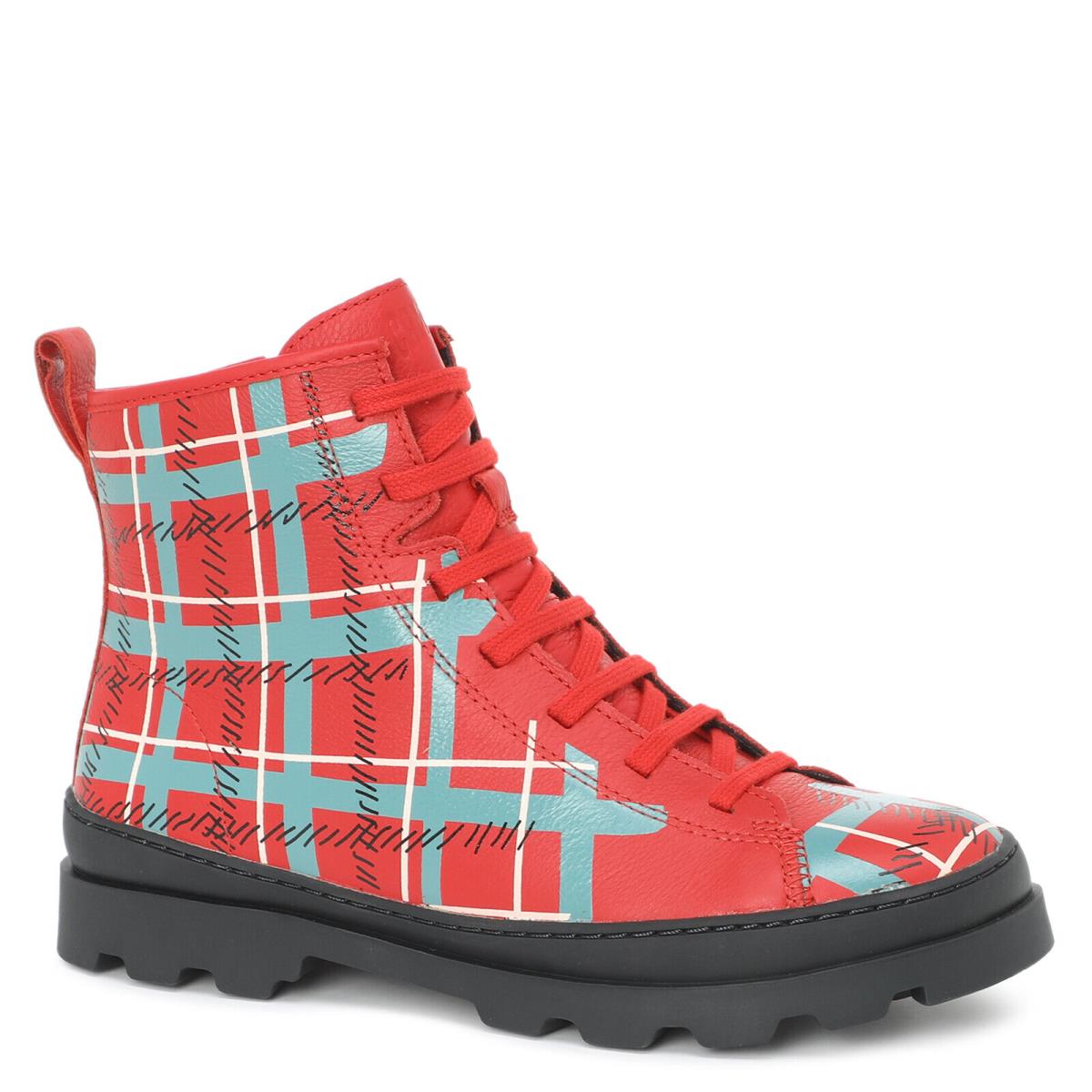 Girls Camper Brutus Ankle Red Plaid Leather Boots Lace with Side Zipper - Red