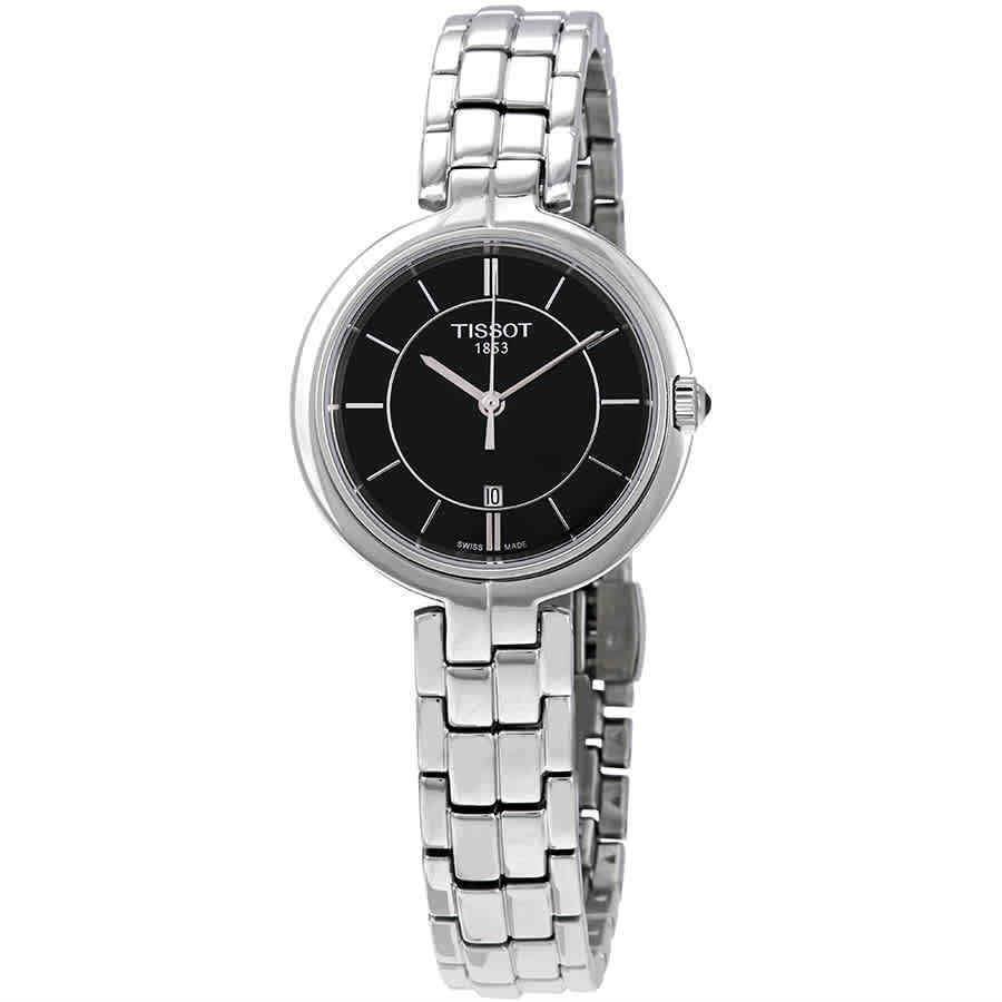 Tissot Flamingo Black Dial Ladies Stainless Steel Watch T094.210.11.051.00 - Dial: Black, Band: Silver, Bezel: Silver