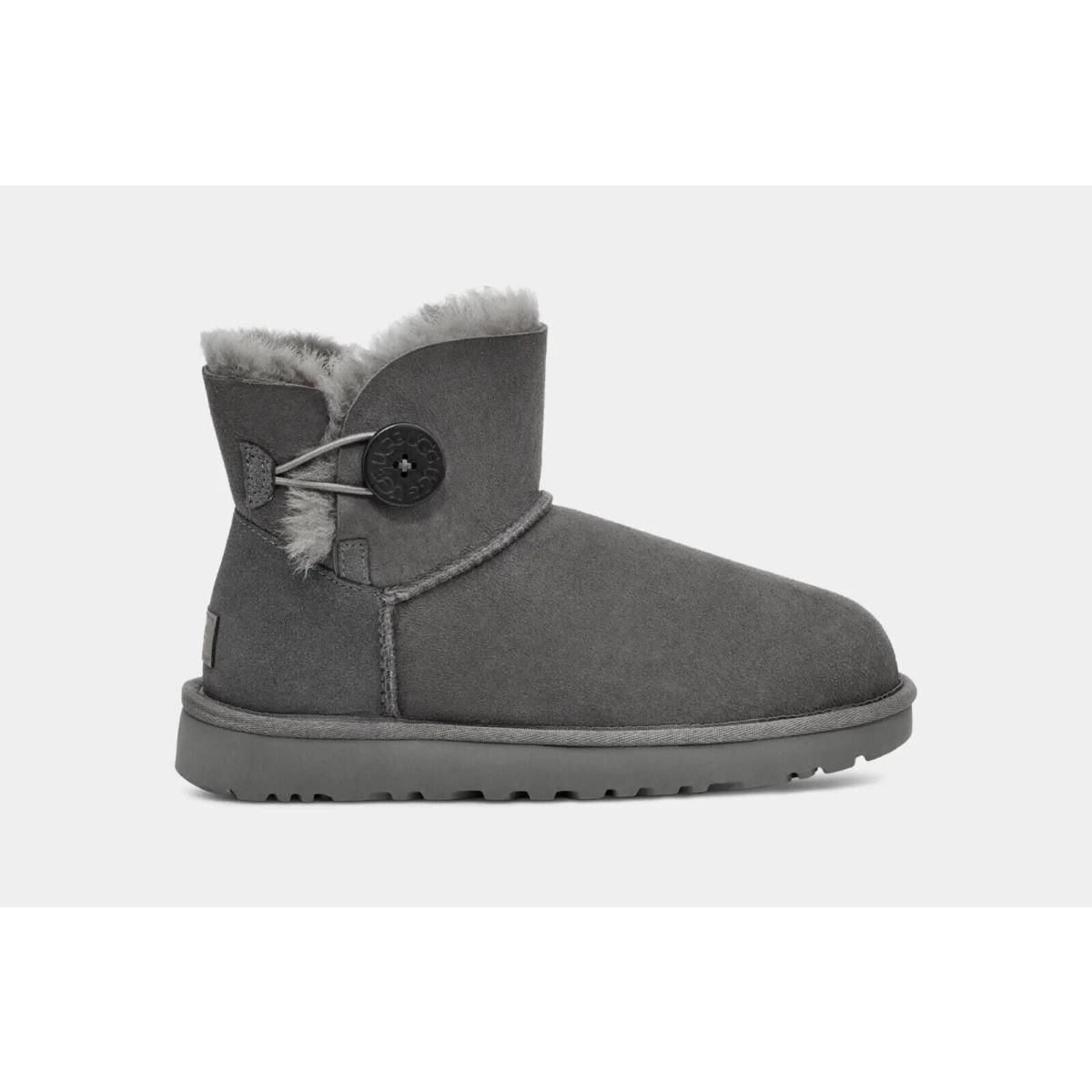 Ugg Mini Bailey Button II Boots Women Size 6 US 4 UK Grey Suede Sheepsk