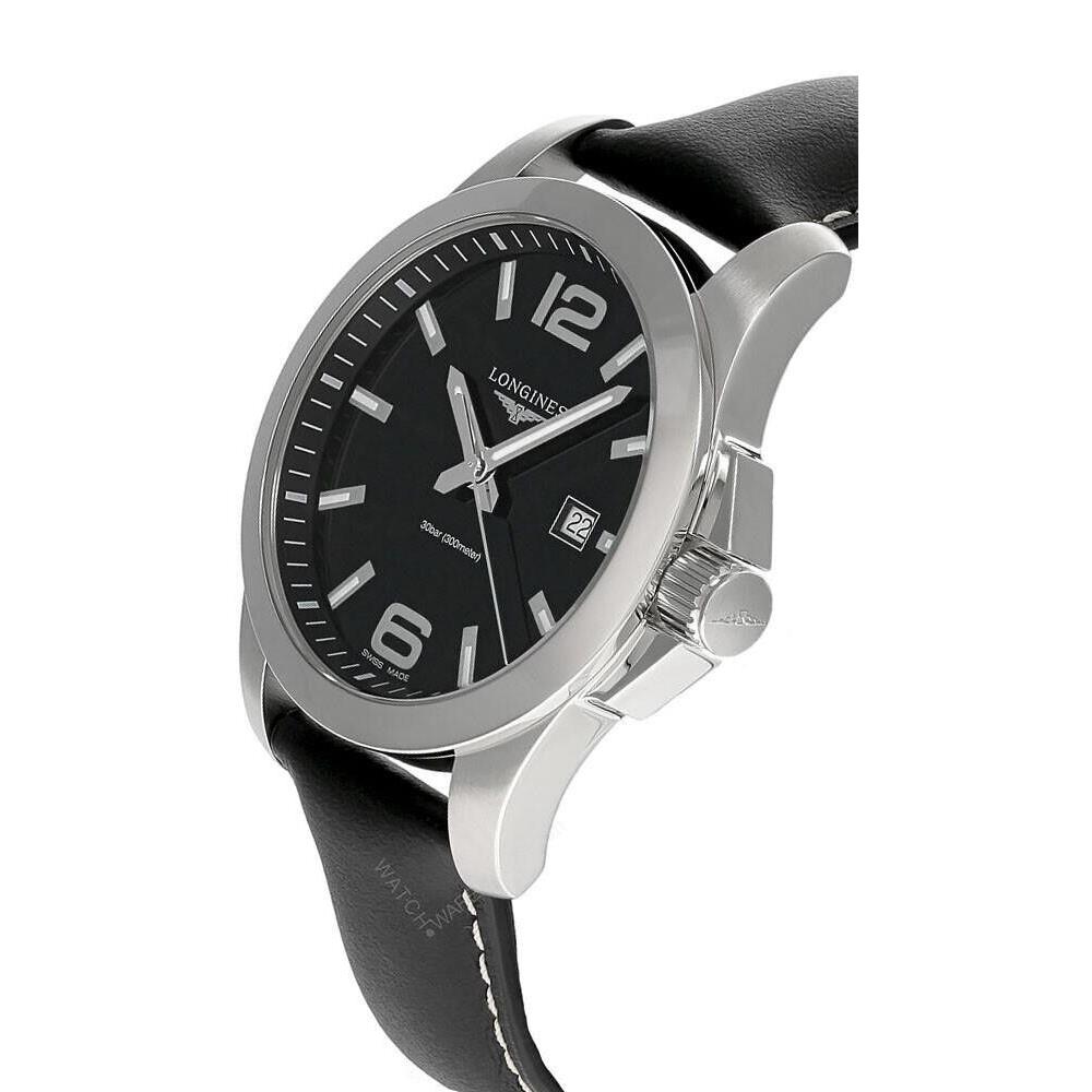 Longines Conquest 43mm Quartz SS Black Leather Band Men`s Watch L3.760.4.56.3 - Dial: Black, Band: Black, Bezel: Silver