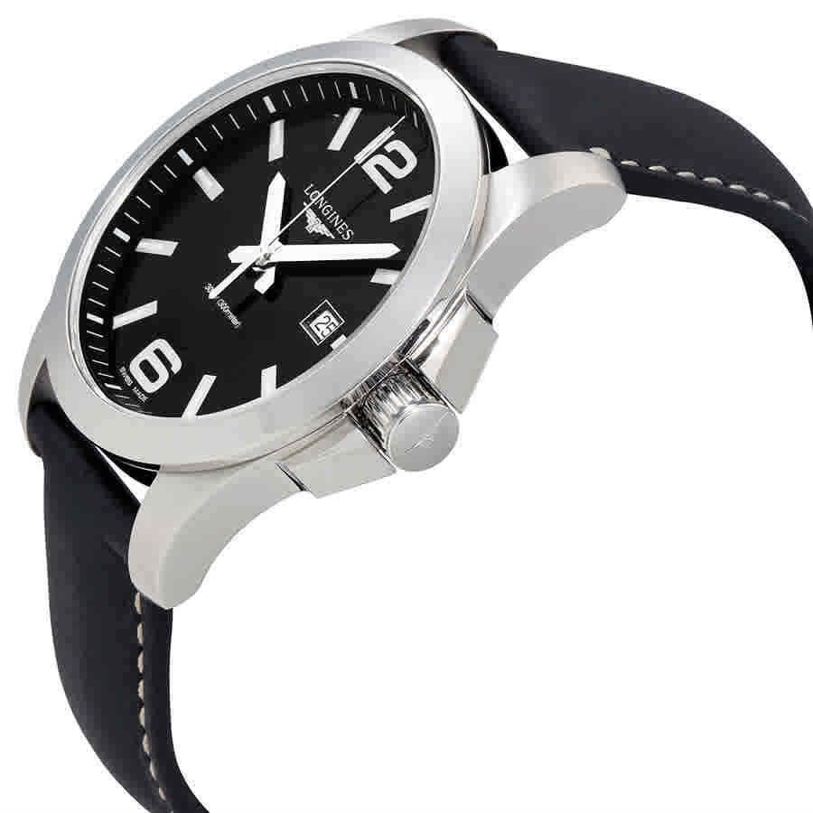 Longines Conquest Black Dial Black Leather Men`s 43mm Watch L37604563