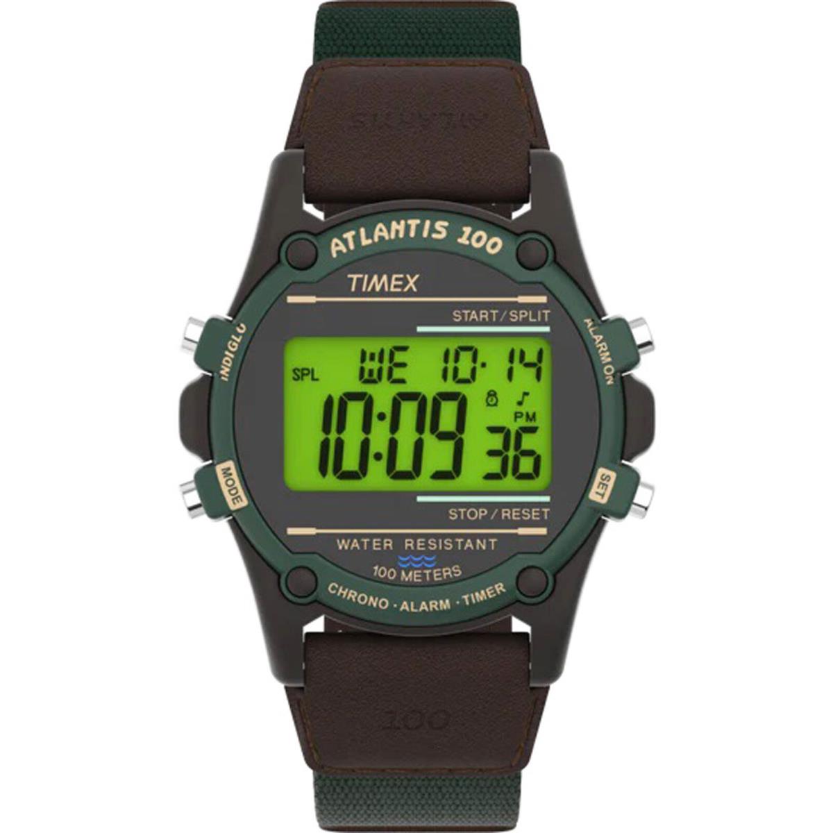 Timex TW2V44300 Atlantis 100 Unisex Digital Watch Green/brown Strap