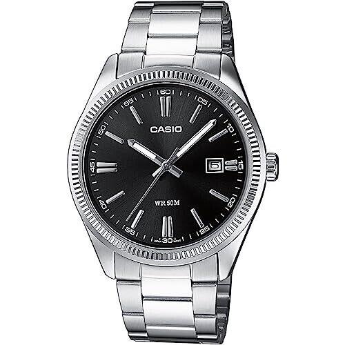 Casio MTP-1302D-1A1 Men`s Wristwatch Analog Classic Silver Stainless Steel - Dial: Black, Band: Silver, Bezel: Silver