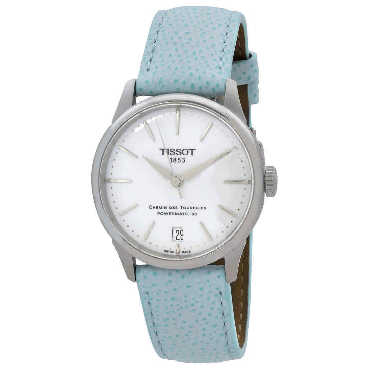 Tissot Chemin Des Tourelles Powermatic 80 Automatic White Dial Ladies Watch - Dial: White, Band: Blue, Bezel: Silver