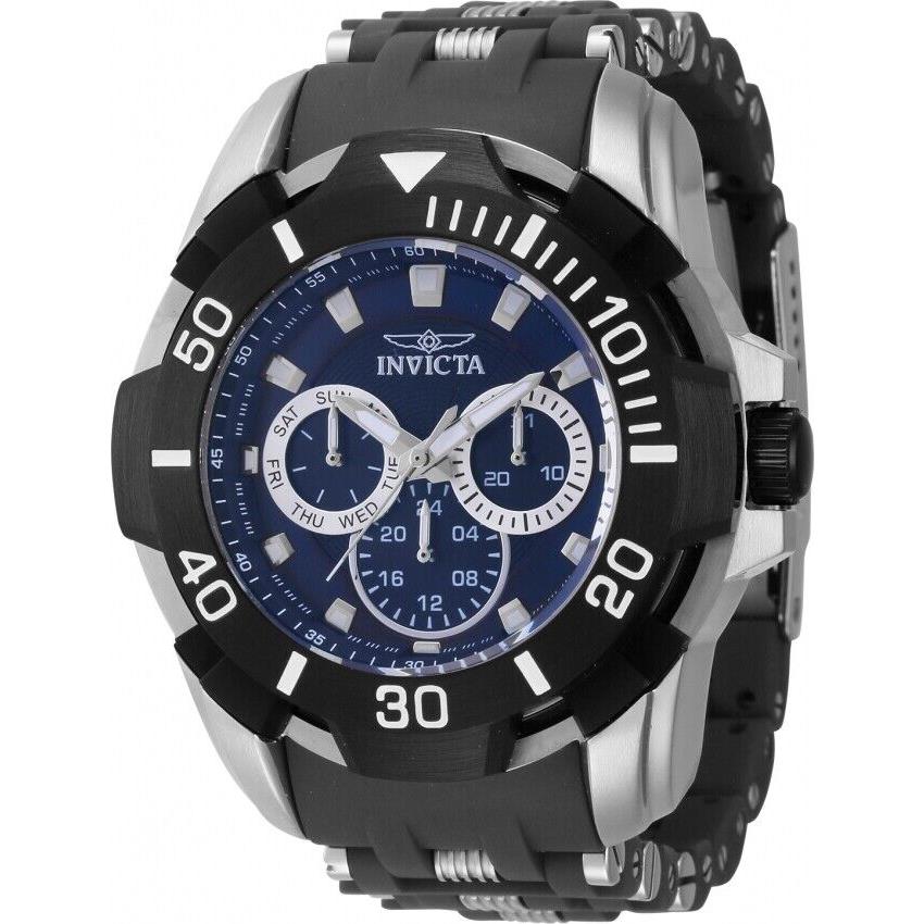 Invicta Sea Spider Men`s Blue Dial Polyurethane Steel Chronograph 46mm Watch - Dial: Silver, Blue, Band: Black, Steel, Bezel: Blue, Black