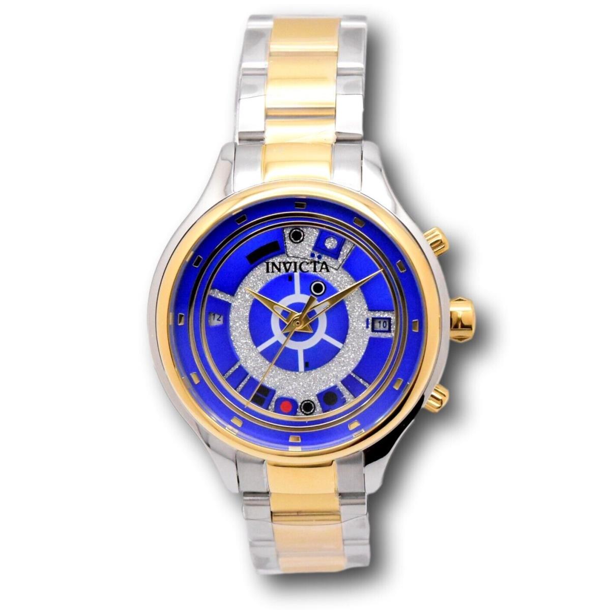 Invicta Star Wars R2-D2 Women`s 38mm Gold Dual Time Limited Glitter Watch 41391 - Dial: Blue, Gold, Multicolor, Silver, Yellow, Band: Gold, Silver, Yellow, Bezel: Gold, Yellow