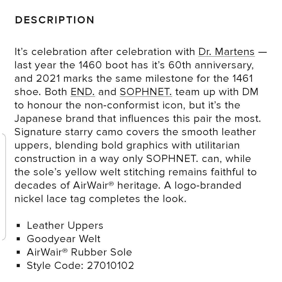 End. x Dr Martens x Sophnet 1461 Oxford Shoes US 10.5 Camo + Stars