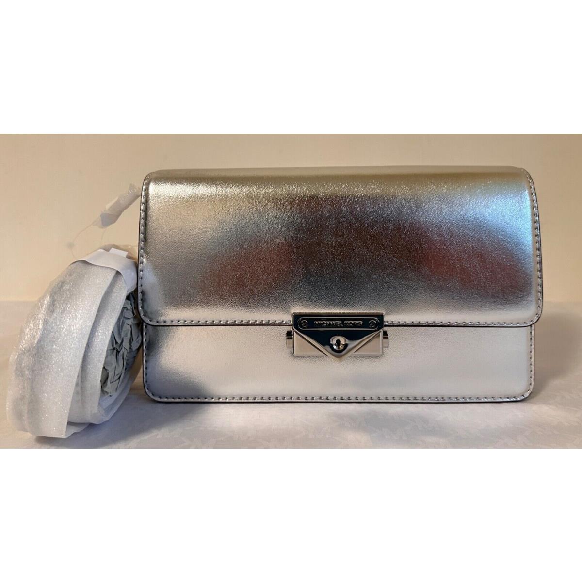 Michael Kors Cece Medium Silver Leather Shoulder Crossbody Clutch