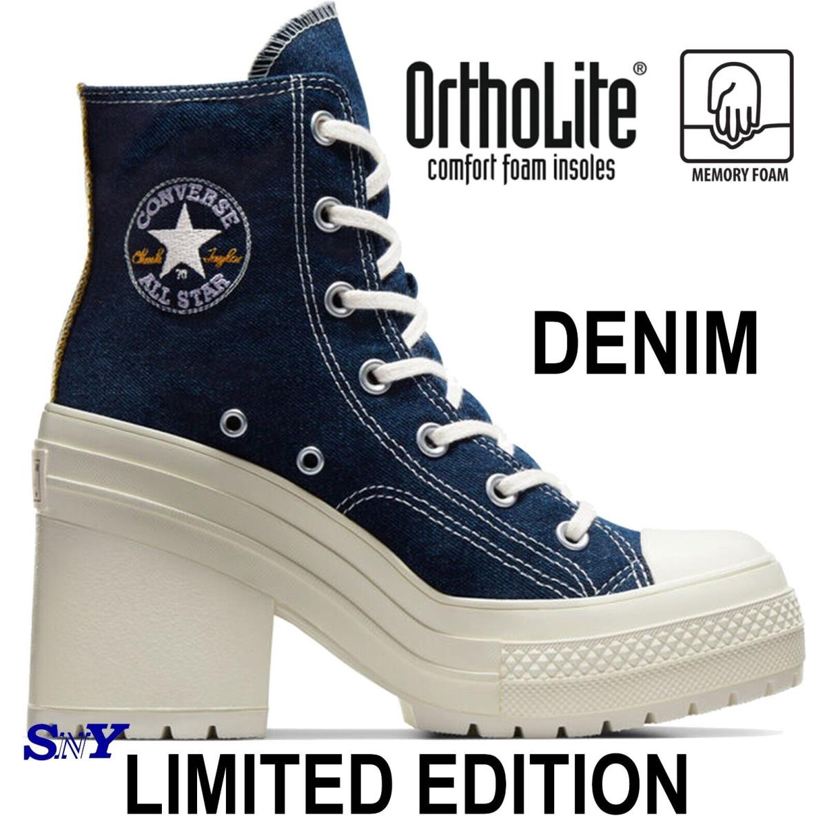 Converse Chuck 70 De Luxe Heel Denim Women`s Platform Sneakers Jeans Style