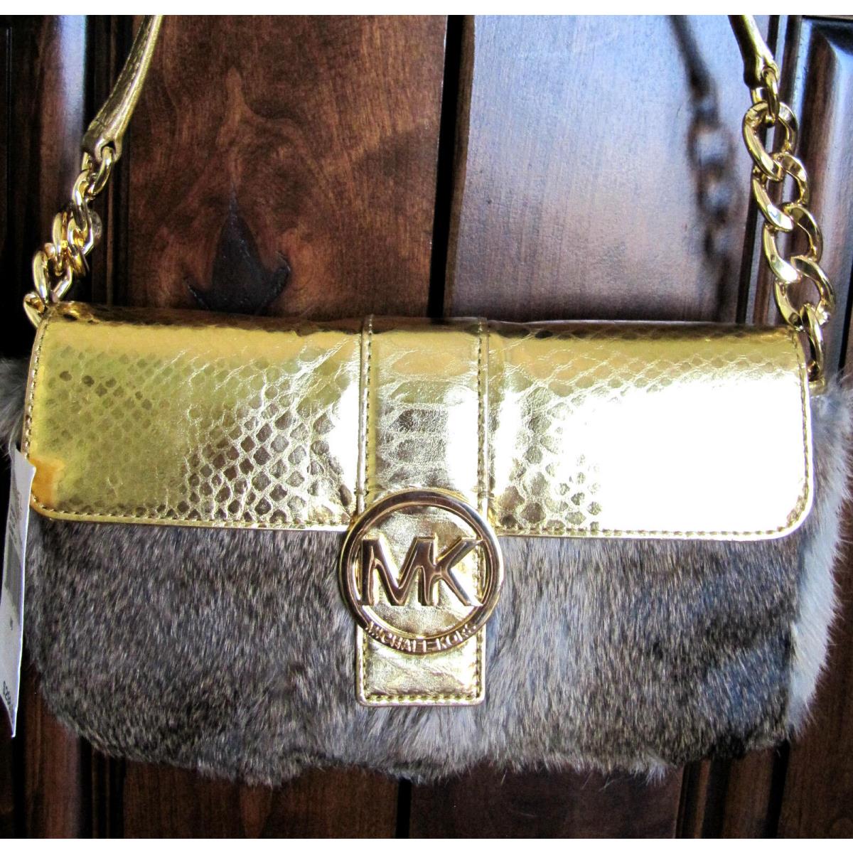 Michael Kors Gold Leather Fulton Small Flap Shoulder Real Fur Clutch