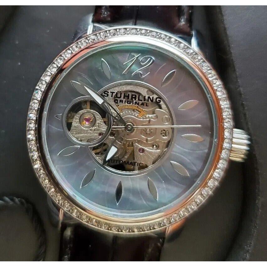 Stuhrling Automatic Skeleton Black Alligator Leather Delphi 856 Women`s Watch