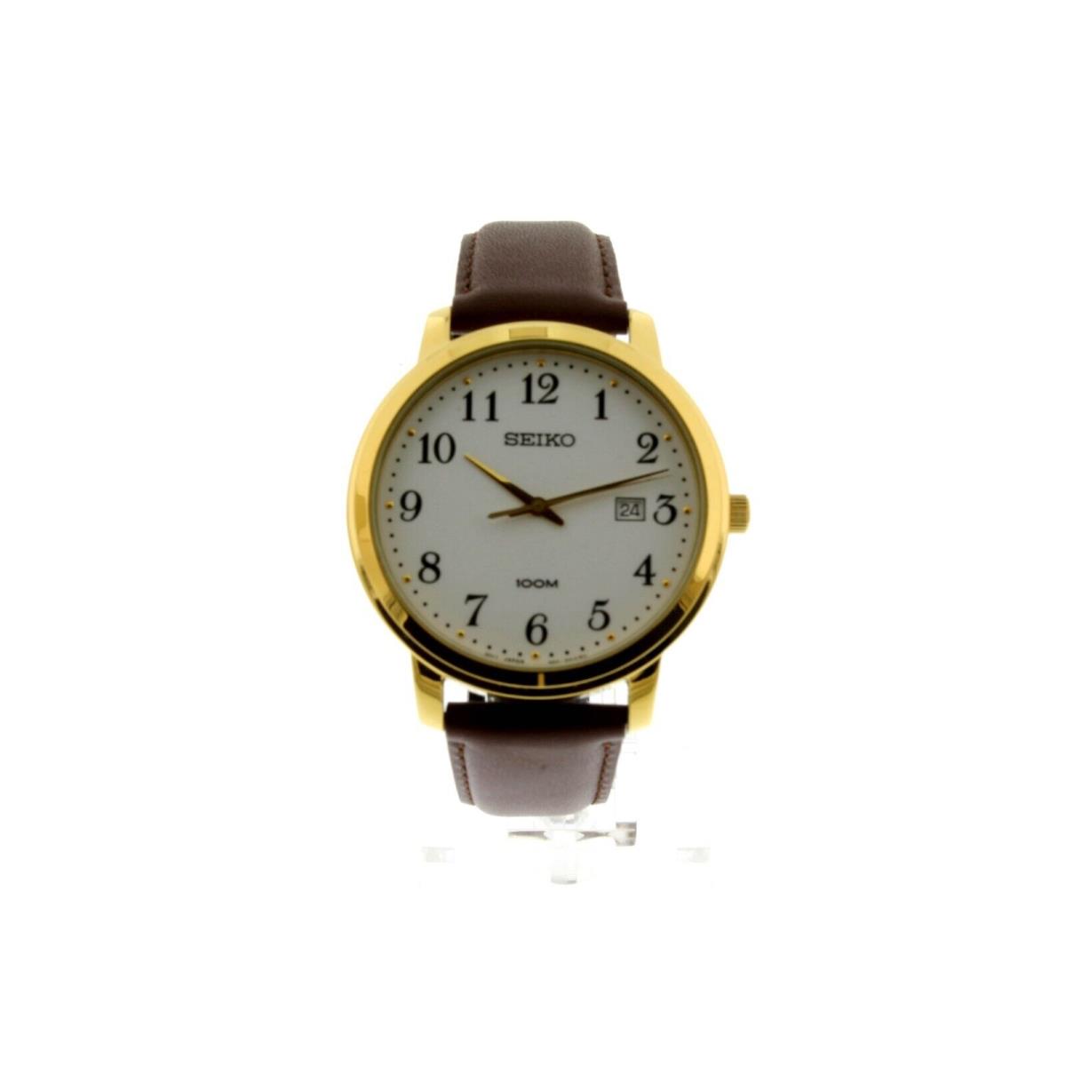 Seiko Neo Classic White Dial Brown Leather Men`s Watch SUR210 - Dial: White, Band: Brown, Bezel: Gold