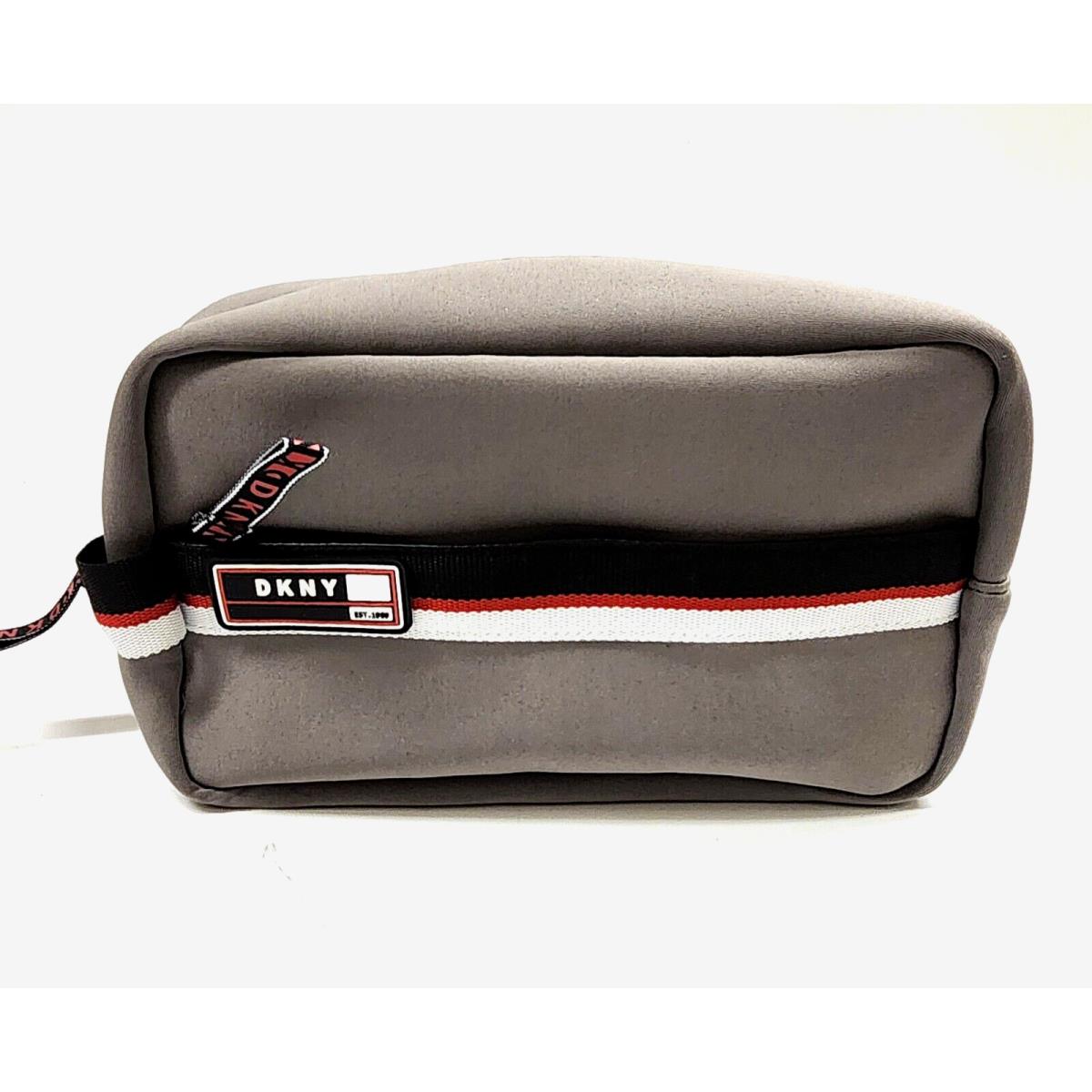 Dkny Lightgray Canvas Black Red White Stripe Travel Shaving Kit Cosmetic Bag