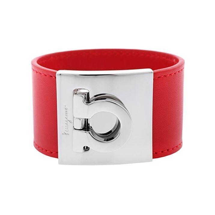 Salvatore Ferragamo Gancini Wide Silvertone Cuff Red Leather Bracelet Box