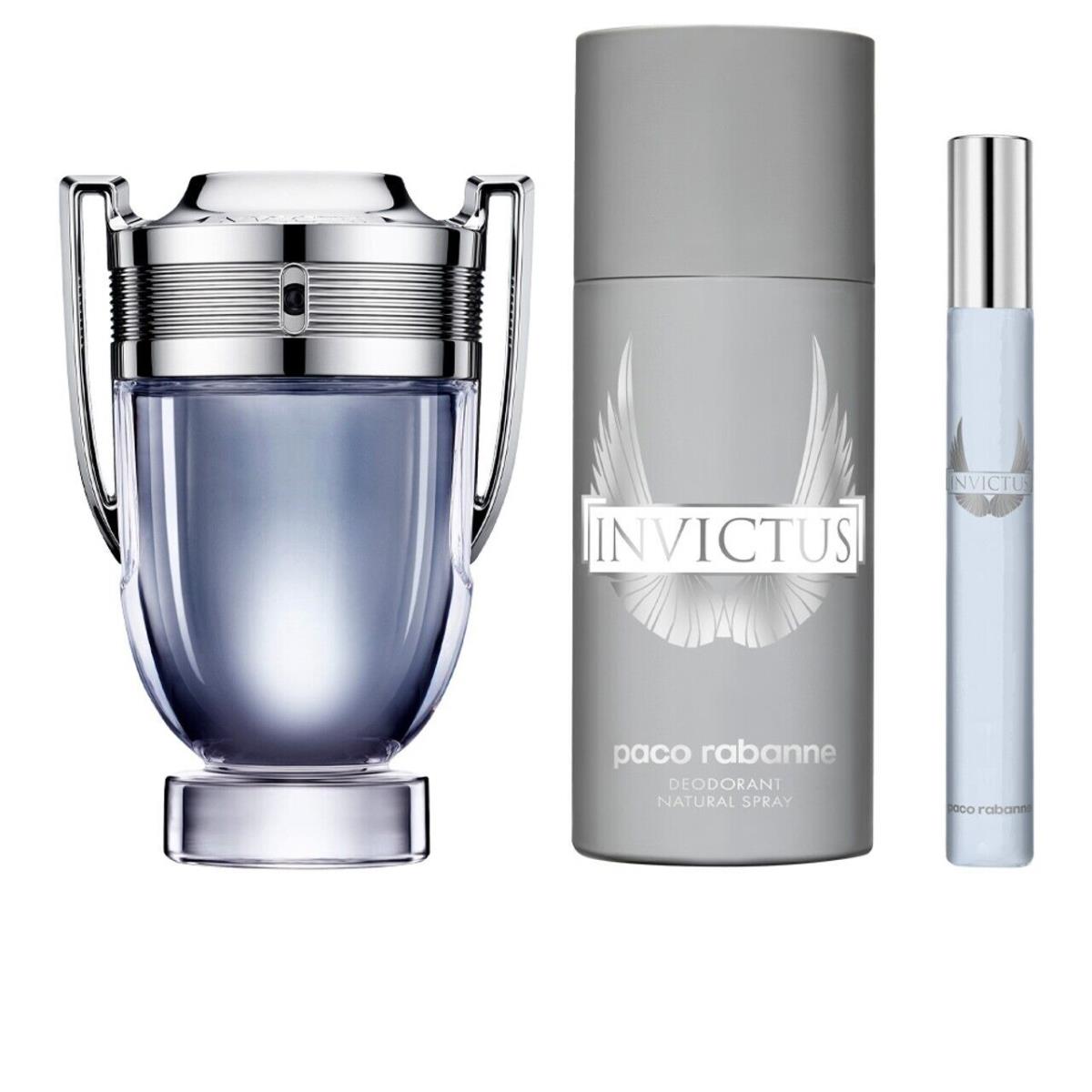 Paco Rabanne Invictus 3PC Gift Set - 3.4OZ Edt + 5 OZ Deo Spray + 0.34OZ Edt Men