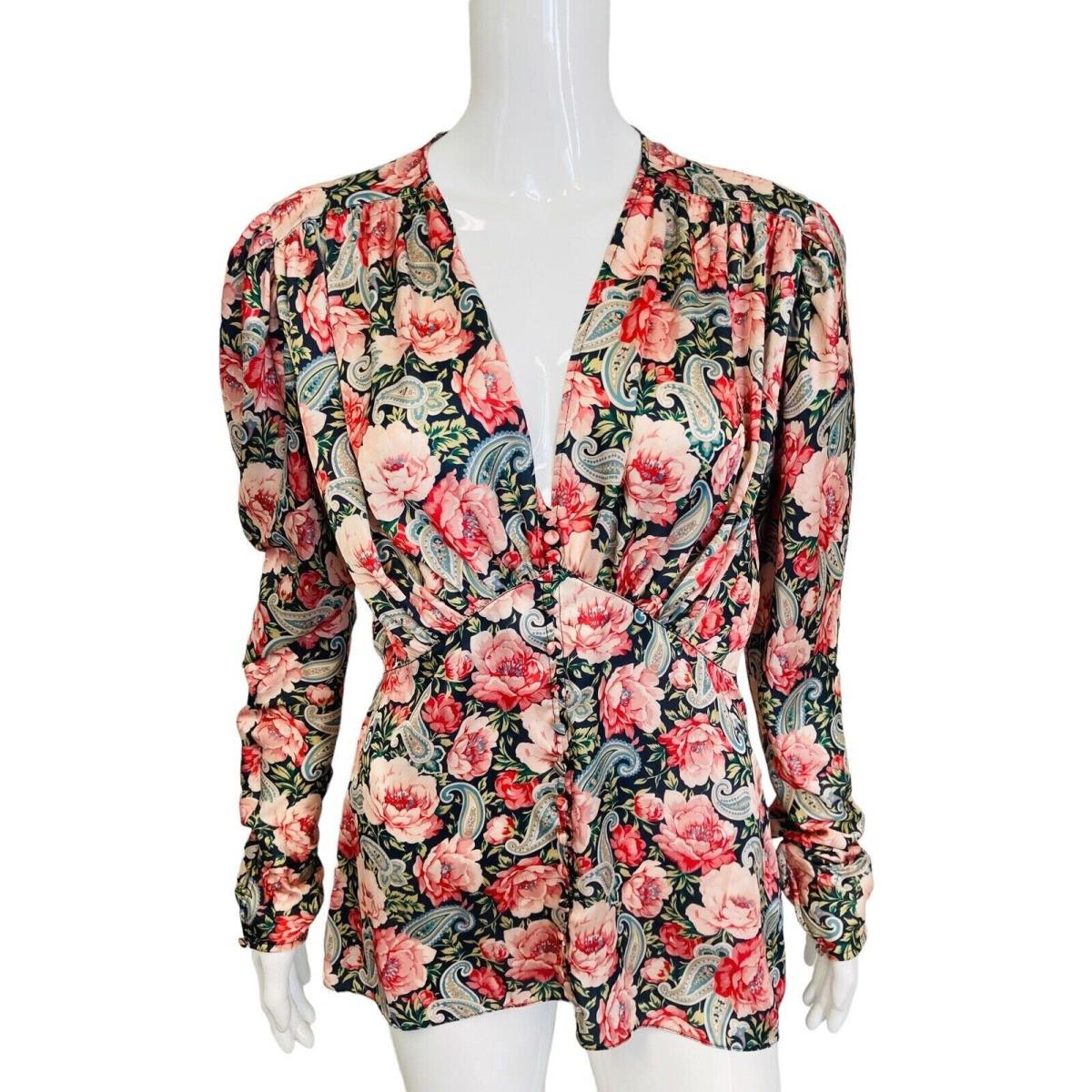 Paco Rabanne Floral Satin Printed V-neck Gathered Blouse Top Size 42 US 10