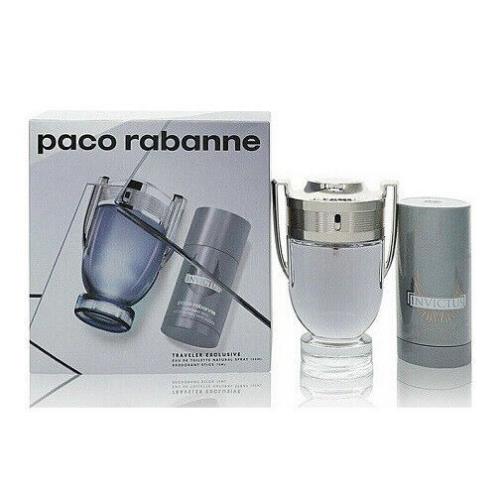 Paco Rabanne Invictus Men 2 Pieces Set 3.4 oz Edt Spray 2.6 oz Deodorant Stick