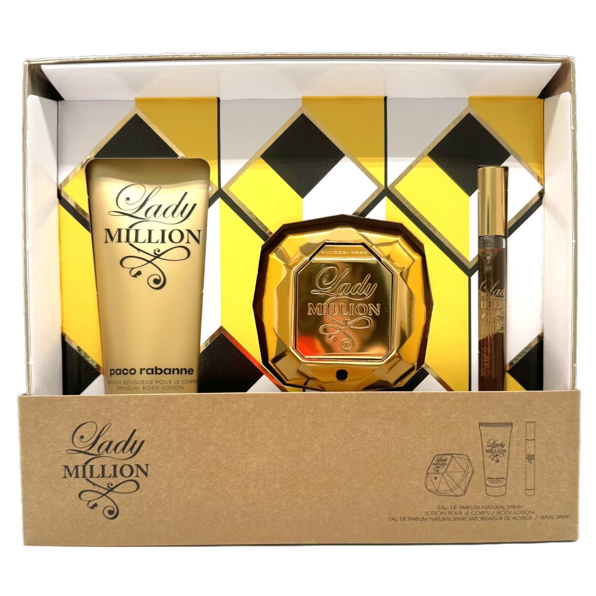 Lady Million by Paco Rabanne Women Set - 2.7oz Edp + 0.34oz Mini+ 3.4oz Lotion