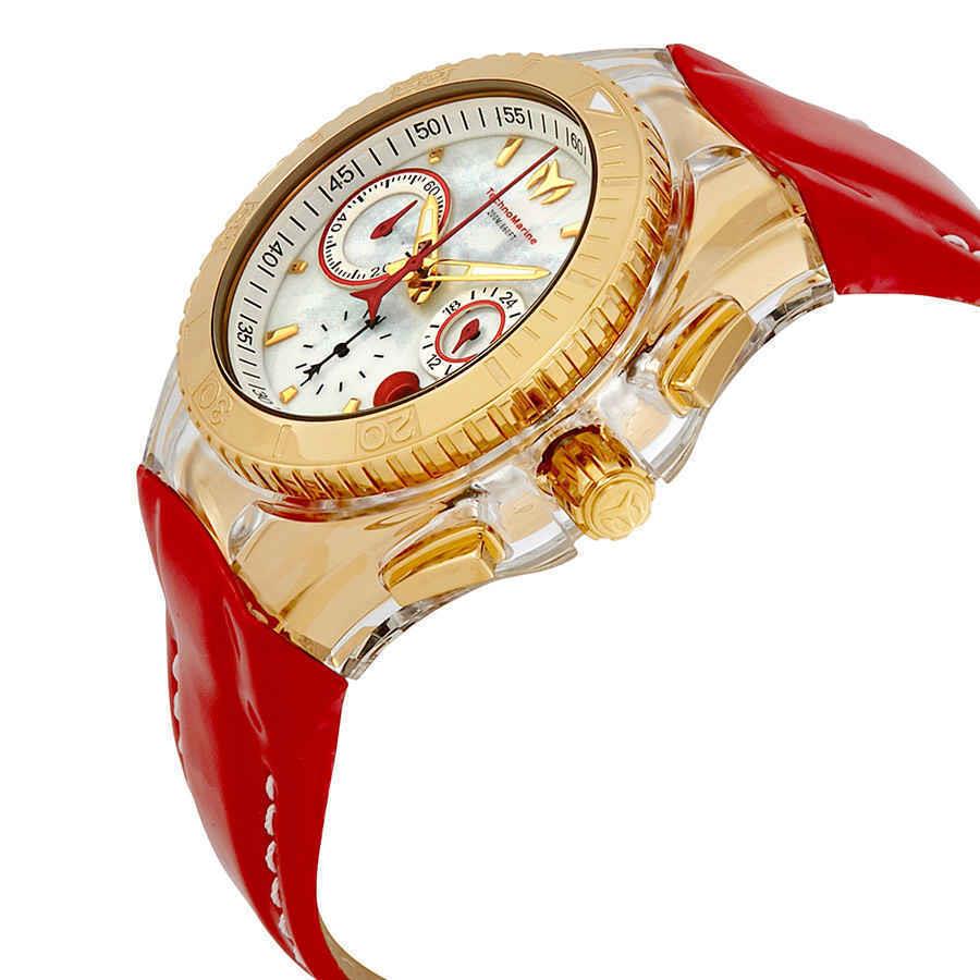 Technomarine Cruise Valentine Chronograph Quartz White Mop Dial Ladies Watch - Dial: White, Band: Red, Bezel: 14kt Gold PVD