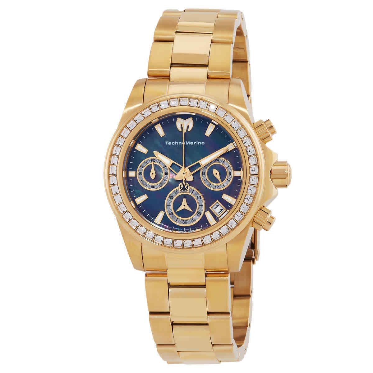 Technomarine Manta Ray Chronograph Quartz Crystal Ladies Watch TM-222049 - Dial: Black, Band: Gold-tone, Bezel: Gold-tone