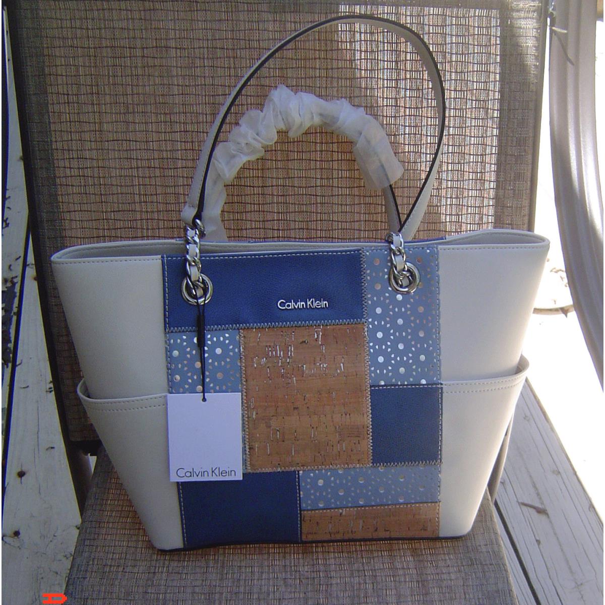 Calvin Klein Saffiano Leather White Blue Tote Handbag