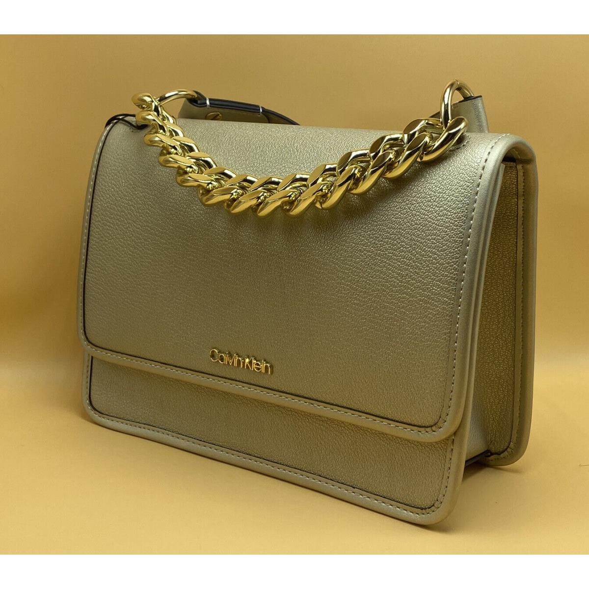 Calvin Klein Ariela Leather Crossbody Chain Link Top Handle Pale Gold