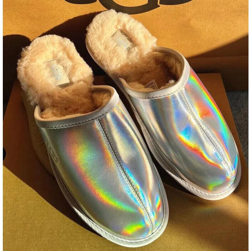 Ugg Uggs Pearle Iridescent Leather Slippers Silver Grew Mules Shoes 6 UK 4