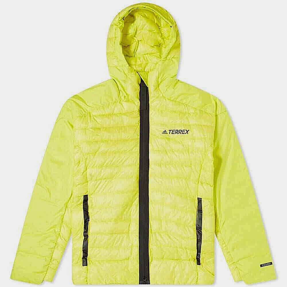 Men`s Adidas Terrex Myshelter Down Jacket Lightweight Hooded Yellow Coat Regular