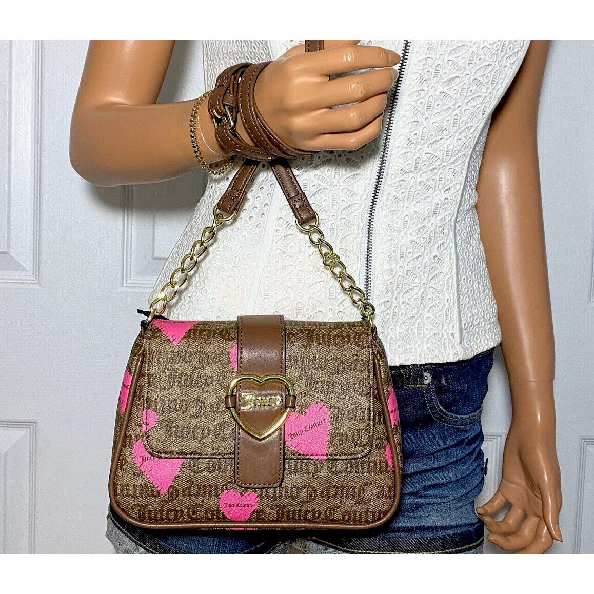 Juicy Couture Purse Pink Heart Print Brown Goth Logo Crossbody Bag