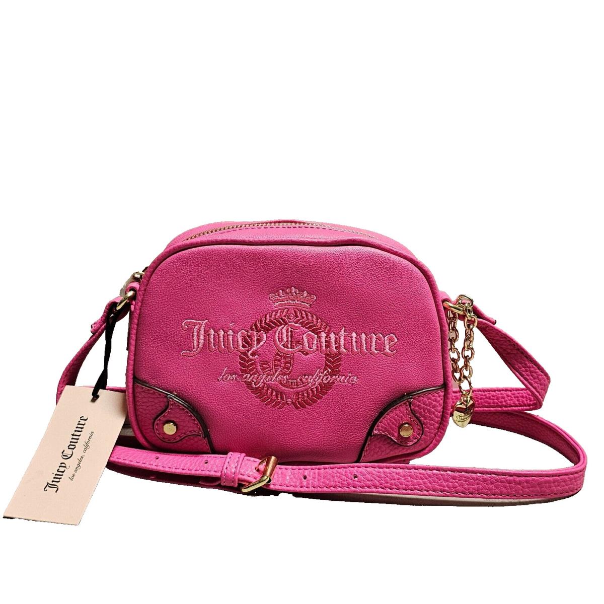 Juicy Couture Flamingo Pink Crossbody Bag Purse Embroidered Gold 8 x6 x3