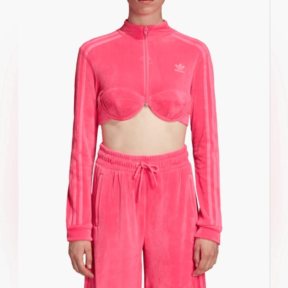 Jeremy Scott Adidas Originals JS Track Crop Top Jacket Velour H50967 Solar Pink