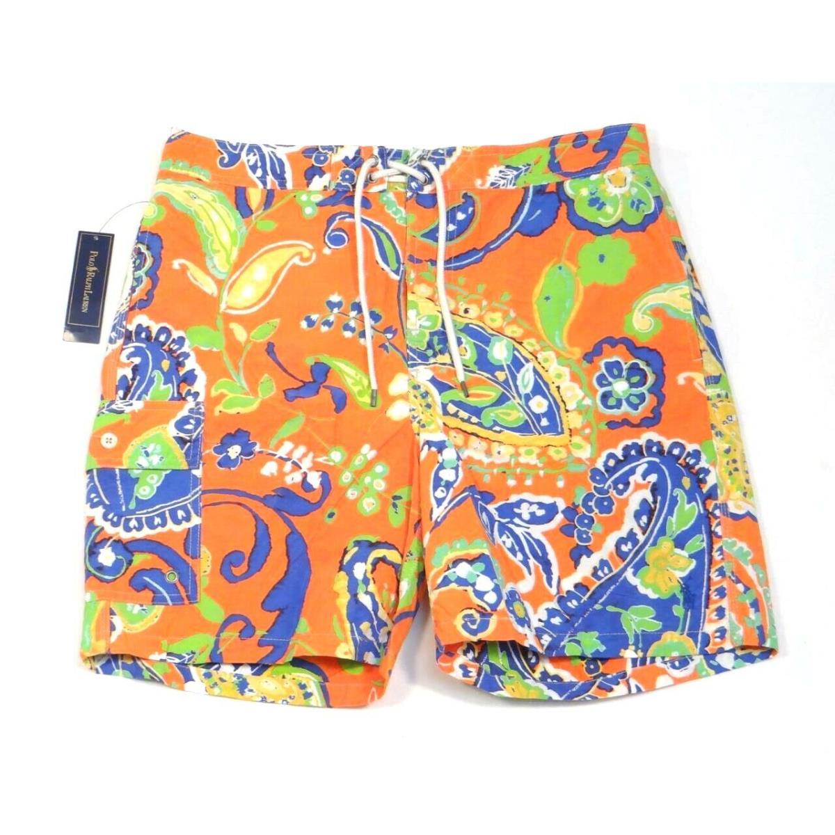 Ralph Lauren Orange Floral Swim Trunks Boardshorts with Carry Bag Mens